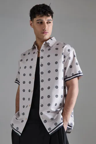 Men's Oversized Short Sleeve Detailed Satin Shirt - Beige - S, Beige