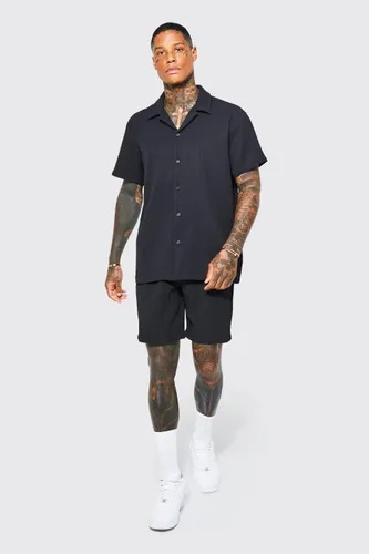 Men's Oversized Short Sleeve Pleated Shirt And Short - Black - S, Black