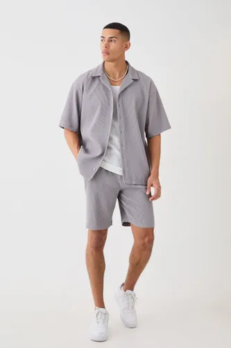 Men's Oversized Short Sleeve Pleated Shirt And Short - Grey - L, Grey