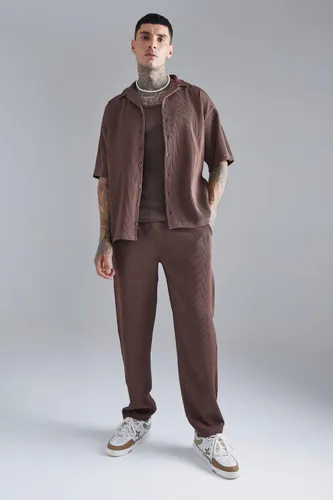Men's Oversized Short Sleeve Pleated Shirt & Straight Trouser - Brown - L, Brown