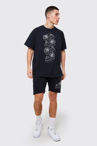 Men's Oversized Skull Outline T-Shirt And Short Set - Black - S, Black