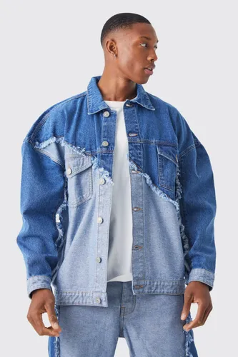 Men's Oversized Spliced Frayed Edge Denim Jacket - Blue - L, Blue