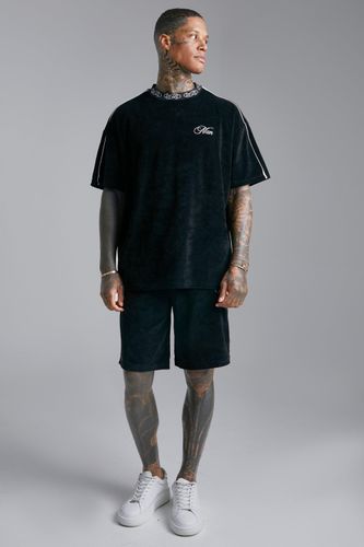 Men's Oversized Velour Short Set With Piping - Black - S, Black