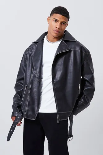 Men's Oversized Vintage Pu Biker Jacket - Black - S, Black