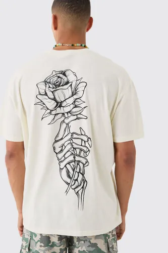 Men's Oversized Washed Rose Line Drawn Back Print T-Shirt - Cream - S, Cream