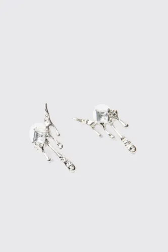 Men's Pair Of Drip Metal Iced Earrings In Silver - Grey - One Size, Grey