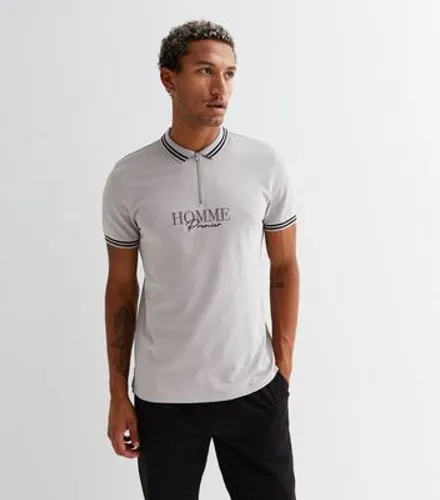 Men's Pale Grey Jacquard Stripe Collar Logo Polo Shirt New Look