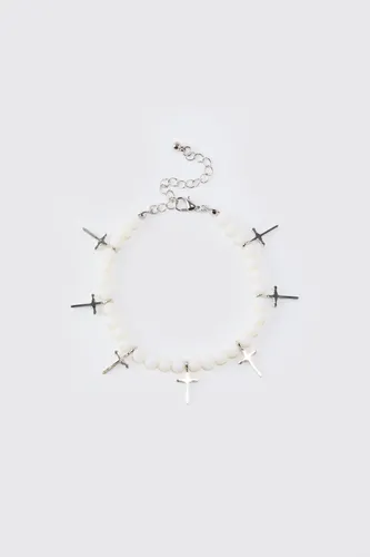 Mens Pearl Cross Pendant Bracelet In White, White