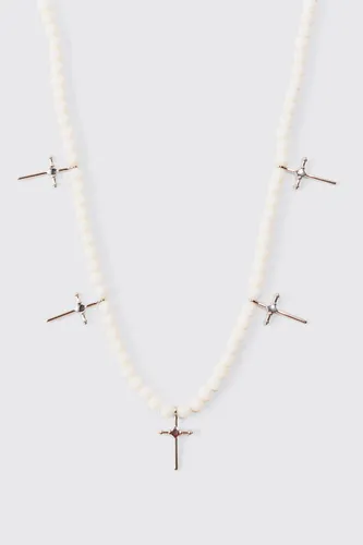 Mens Pearl Cross Pendant Necklace In White, White