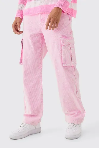 Mens Pink Acid Wash Relaxed Cord Cargo Trouser, Pink