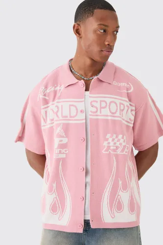 Mens Pink Boxy Fit Knitted Moto Shirt, Pink