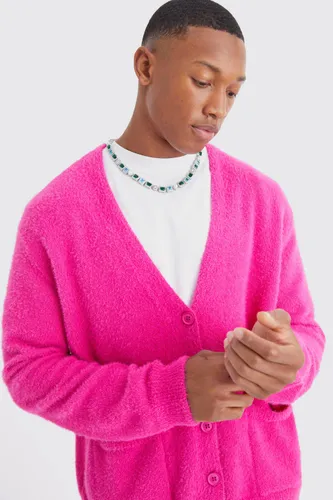 Mens Pink Boxy Fluffy Knitted Cardigan, Pink