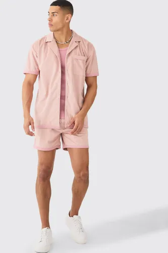 Mens Pink Faux Suede Oversized Shirt And Short Set, Pink