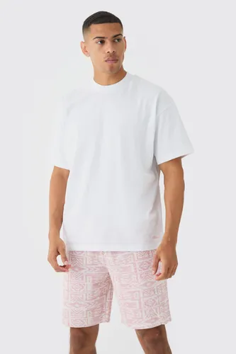 Mens Pink Man Oversized Extended Neck T-shirt And Jacquard Shorts Set, Pink