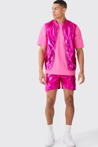 Mens Pink Metallic Vest And Parachute Short Set, Pink