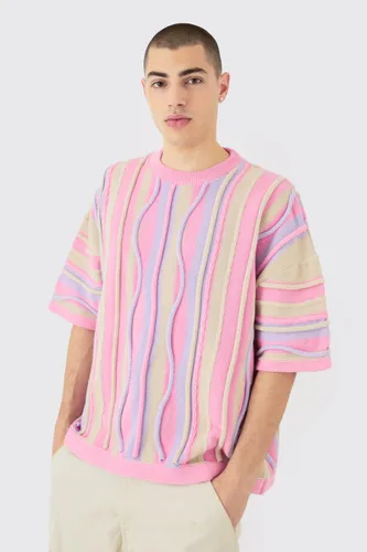 Mens Pink Oversized 3D Jacquard Knit T-shirt, Pink