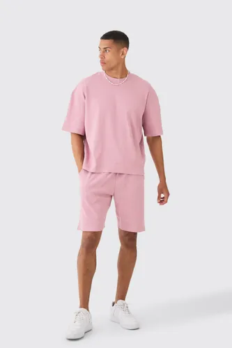 Mens Pink Oversized Boxy Heavyweight Ribbed T-shirt & Shorts, Pink