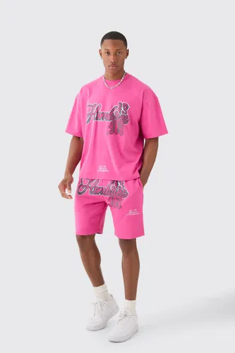 Mens Pink Oversized Boxy Homme Print T-shirt And Short Set, Pink