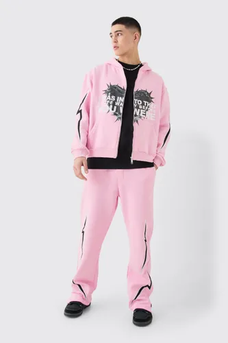 Mens Pink Oversized Boxy Zip Thru Heart Hooded Tracksuit, Pink