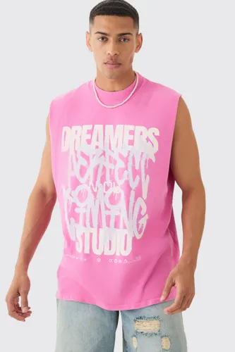 Mens Pink Oversized Dreamers Graffiti Printed Wash vest, Pink