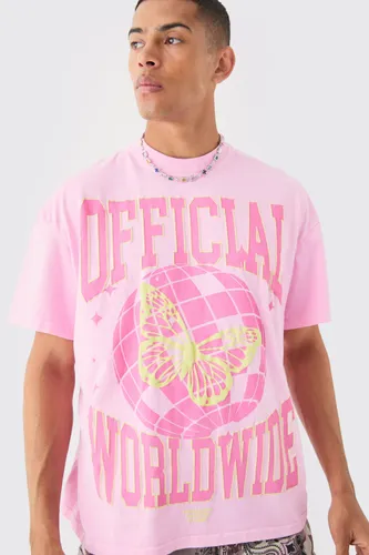 Mens Pink Oversized Extended Neck Puff Print Disco Ball Wash T-shirt, Pink