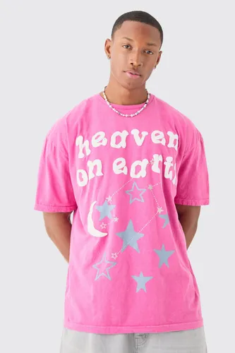 Mens Pink Oversized Heaven On Earth Puff Print T-shirt, Pink