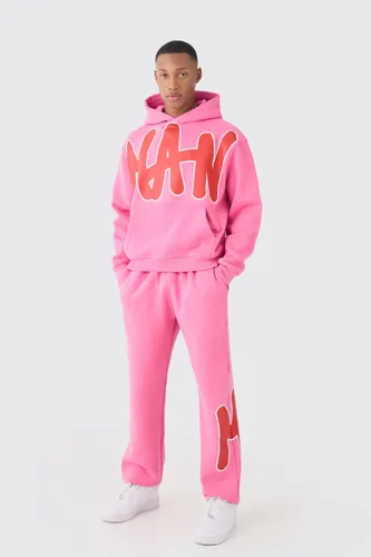 Mens Pink Oversized Man Graphic Hooded Tracksuit, Pink