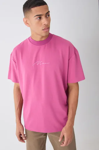 Mens Pink Oversized Premium Super Heavyweight Embroidered T-shirt, Pink