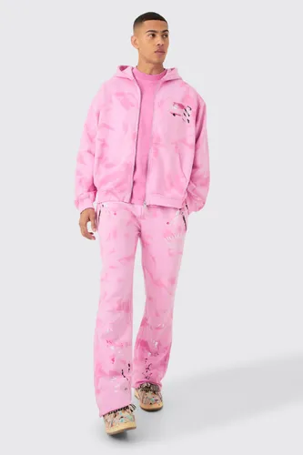 Mens Pink Oversized Washed Homme Paint Splatter Zip Through Tracksuit, Pink