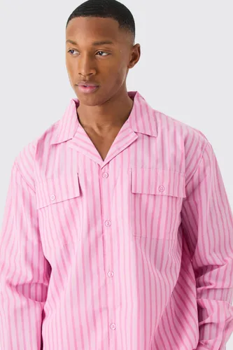 Mens Pink Woven Stripe Lounge Shirt, Pink