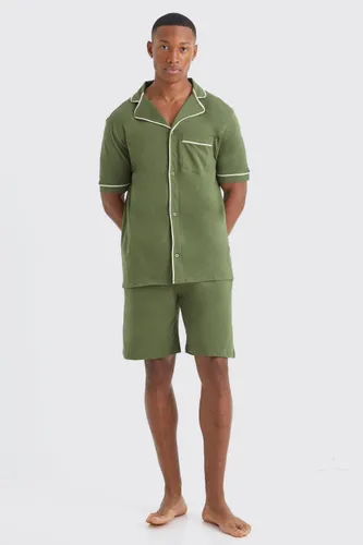 Men's Piping Shirt & Short Lounge Set - Green - S, Green