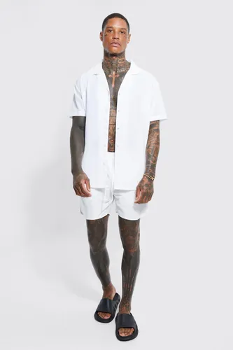 Men's Plain Shirt And Matching Swim Short Set - White - M, White