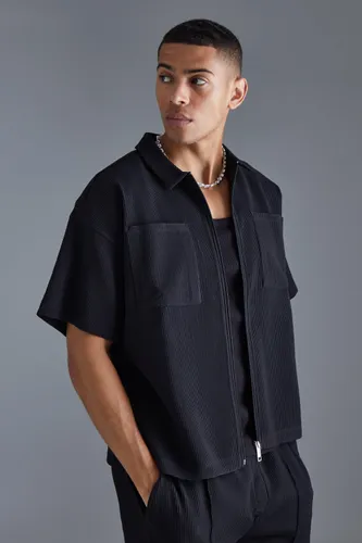 Men's Pleated Boxy Zip Through Collared Short Sleeve Shirt - Black - S, Black