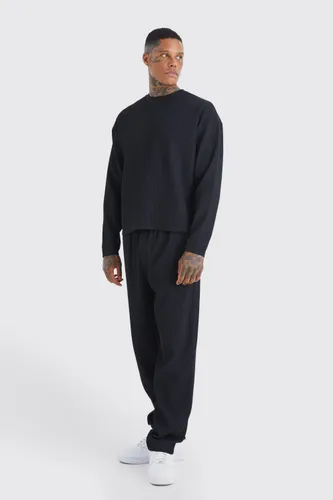 Men's Pleated Long Sleeve Boxy T-Shirt & Straight Trouser Set - Black - Xs, Black