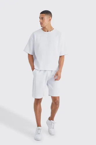 Men's Pleated Oversized Boxy T-Shirt And Short Set - White - L, White