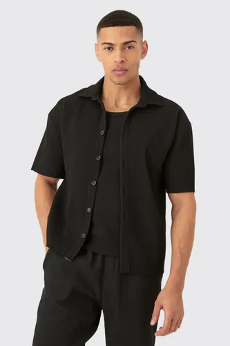Men's Pleated Oversized Button Up Shirt - Black - S, Black