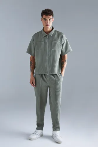 Men's Pleated Short Sleeve Shirt & Elasticated Pintuck Trouser Set - Green - L, Green