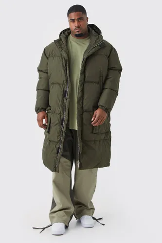 Men's Plus 4 Pocket Longline Hooded Puffer Jacket In Khaki - Green - Xxl, Green