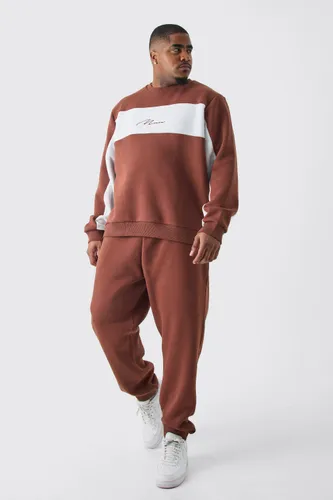 Men's Plus Colour Block Man Sweatshirt Tracksuit In Chocolate - Brown - Xxxl, Brown