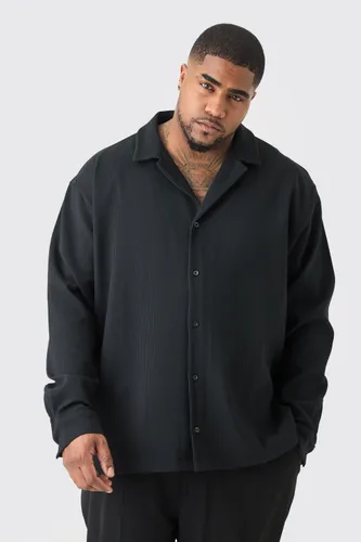 Mens Plus Drop Revere Long Sleeve Pleated Shirt In Black, Black