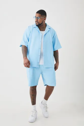 Men's Plus Drop Revere Pleated Shirt & Short Set In Blue - Xxxl, Blue