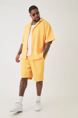 Mens Plus Drop Revere Pleated Shirt & Short Set In Yellow, Yellow