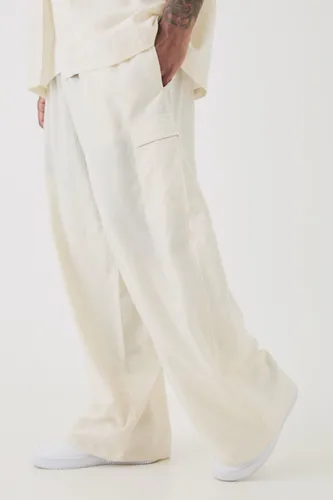 Men's Plus Elasticated Waist Oversized Linen Cargo Trouser In Natural - Beige - Xxxl, Beige