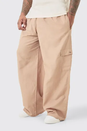 Men's Plus Elasticated Waist Oversized Linen Cargo Trouser In Taupe - Beige - Xxxl, Beige