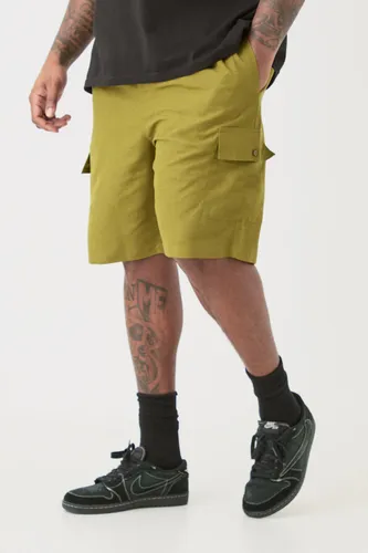 Men's Plus Elasticated Waist Relaxed Linen Cargo Shorts In Khaki - Green - Xxxl, Green