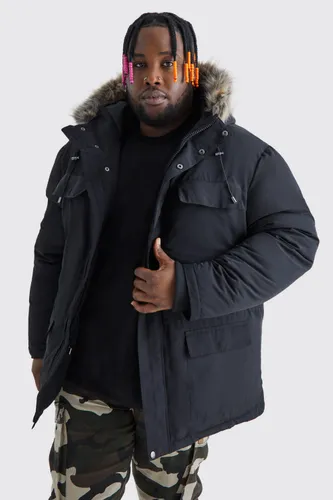 Mens Plus Faux Fur Hooded Arctic Parka Jacket in Black, Black