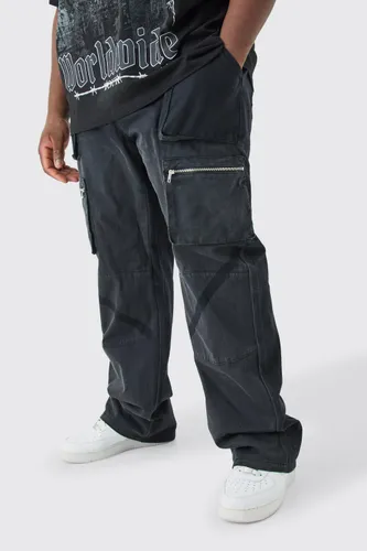 Men's Plus Fixed Waist Stacked Straight Leg Overdye Cargo Trouser - Black - 38, Black