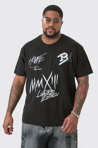 Mens Plus Graffiti Branded Graphic T-shirt In Black, Black