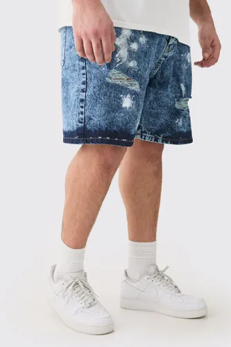 Men's Plus Indigo Wash Paint Splatter Relaxed Fit Denim Shorts - Blue - 38, Blue