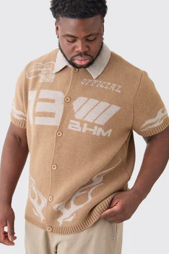 Men's Plus Knitted Moto Shirt In Taupe - Beige - Xxxl, Beige